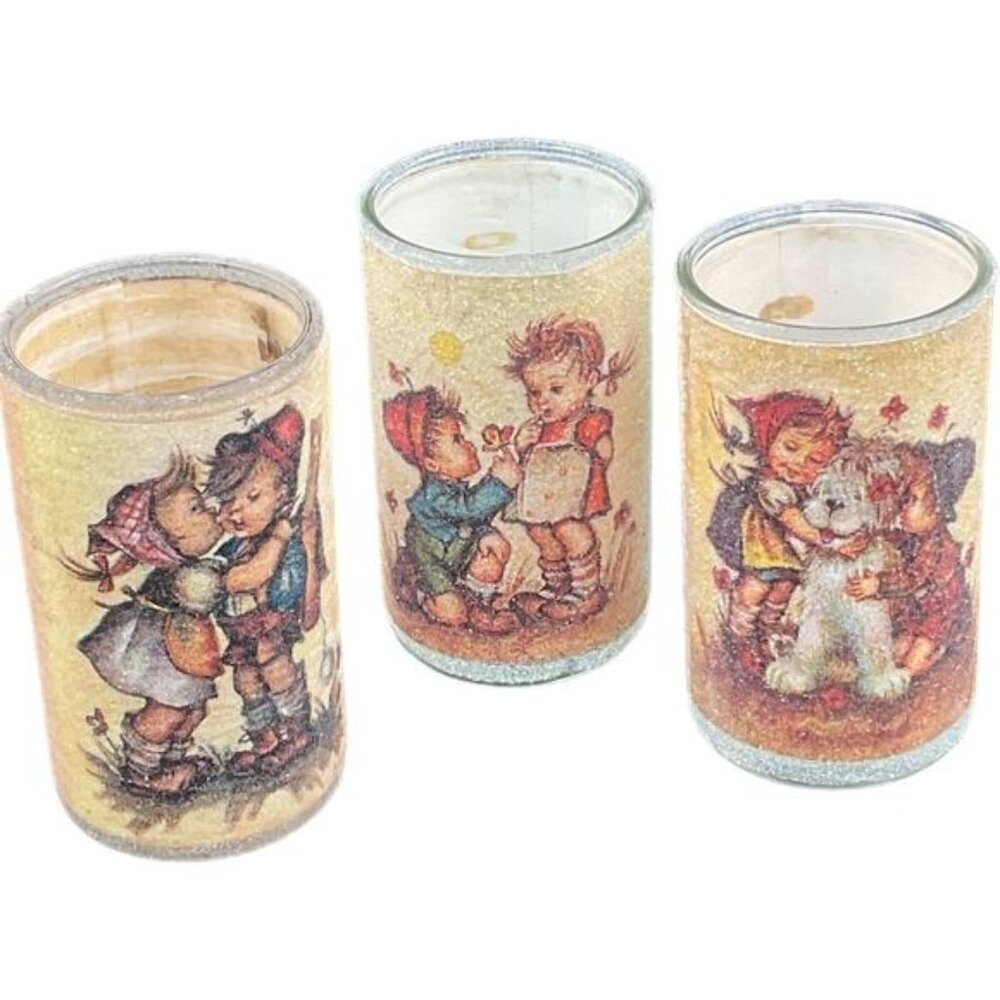 Three Hummel Sugared Frosted Glass Candle Vintage Jar Cylinders